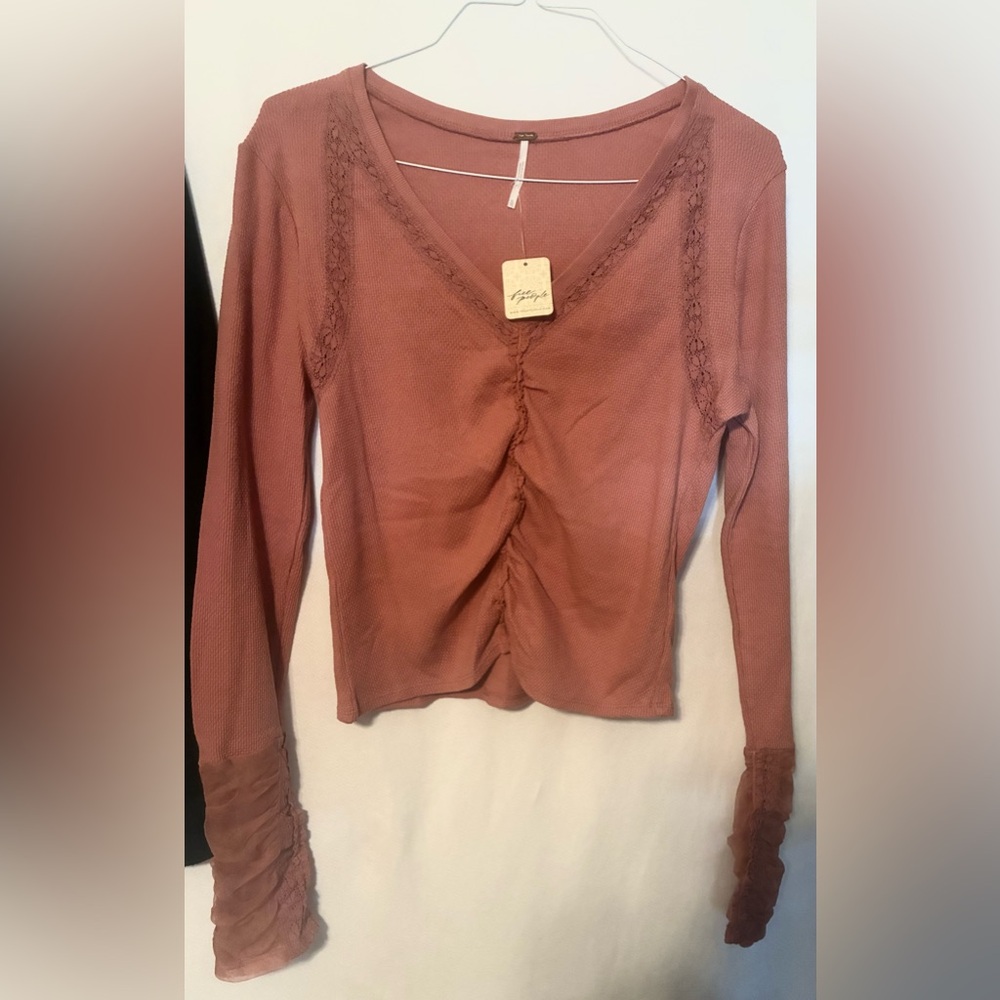 Free People Long Sleeve V-Neck Waffle Top - Terracotta